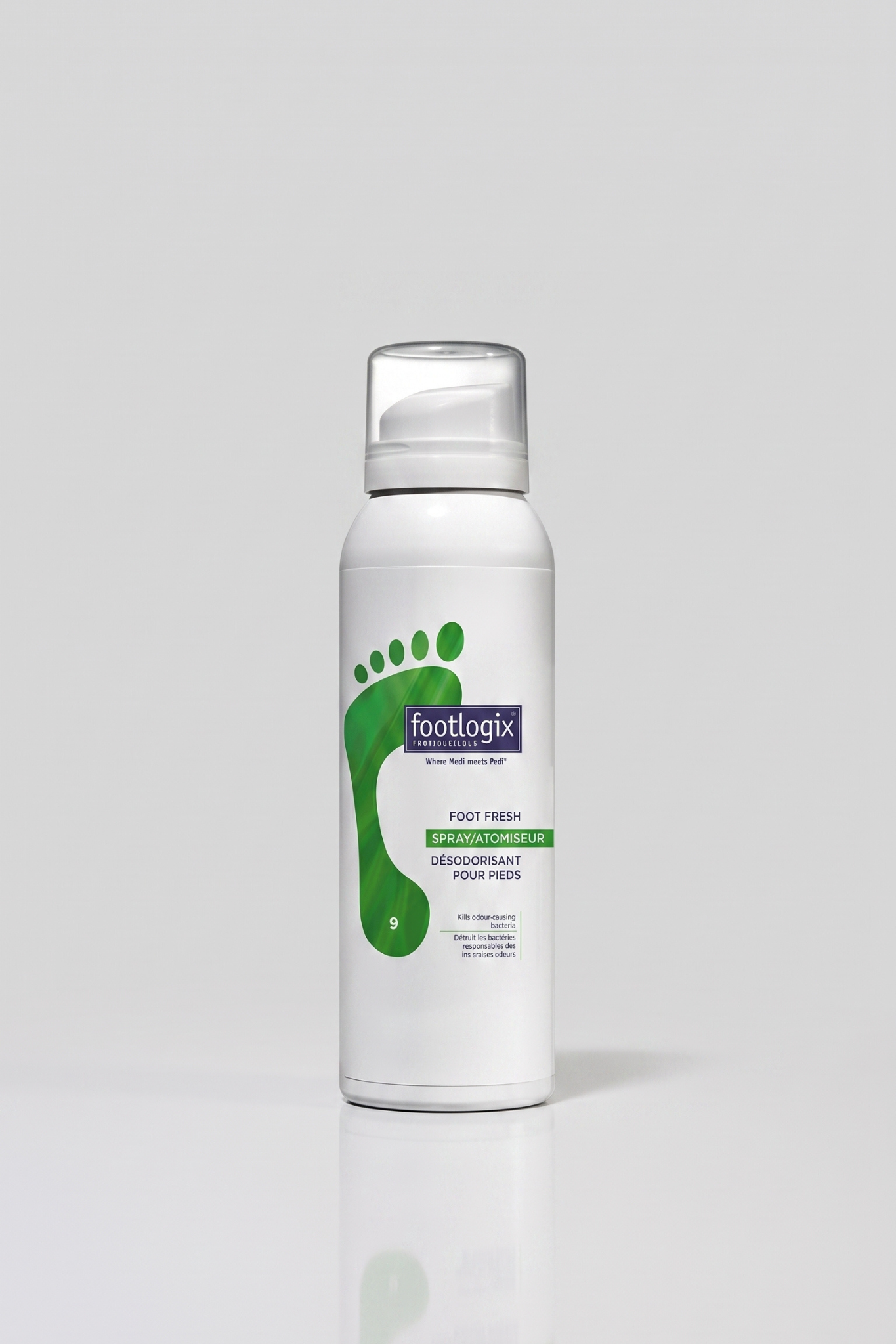 Footlogix Foot Fresh Deodorant Spray 125 ml, witte bus met groen voetlogo, vooraanzicht