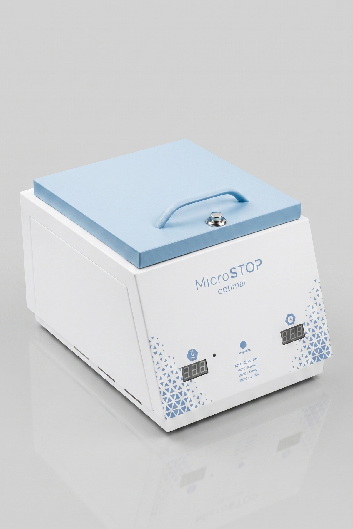 Microstop Optimal hetelucht sterilisator met lichtblauw deksel, vooraanzicht